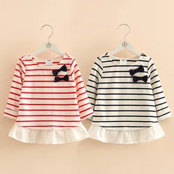 Children Bowknot Tops 2023 New Arrival Spring Autumn 2-10 Year Kids Clothes Strip Patchwork Long Sleeve O-Neck T Shirt Baby Girl