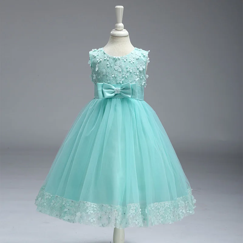 Retail Appliques Draped Sequined Flowers Girl Dresses With Ribbon Bow Elegant Lace Flower Bow First Communion Dresses LL314