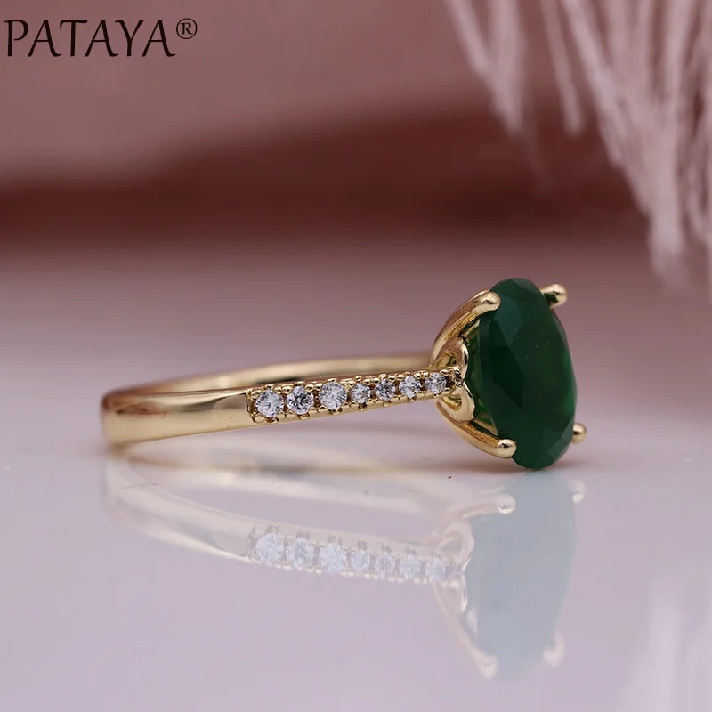 PATAYA New Green Natural Zircon Rings 585 Rose Gold Color Oval Cute Women Rings Romantic Engagement Wedding Fine Fashion Jewelry