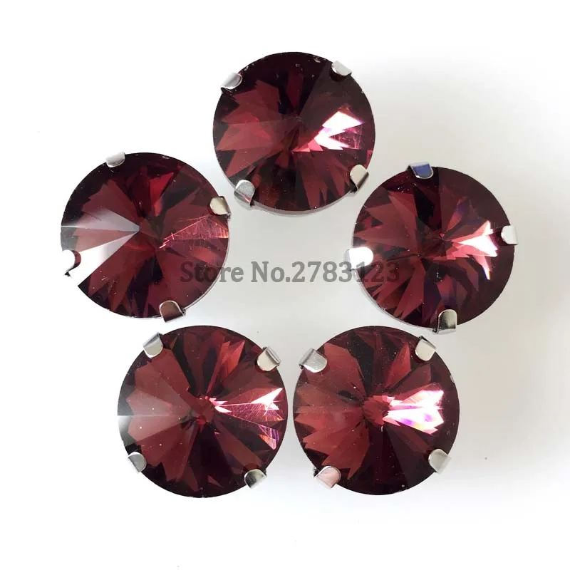 Free shipping round wine red High quality Glass Crystal flat back sew on loose Silver claw rhinstones with four holes 20pcs/bag