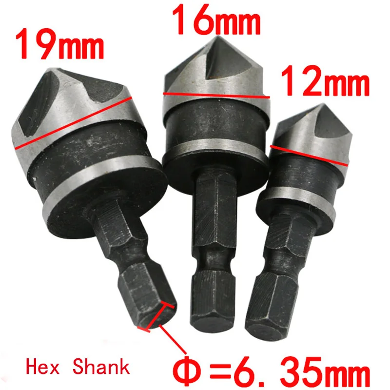 

1/4 Hex Shank Countersink Drill Bit 5 Flute 90 Degree Woodworking Chamfer Counter Sinks 12-19mm Chamfering Debur Countersink