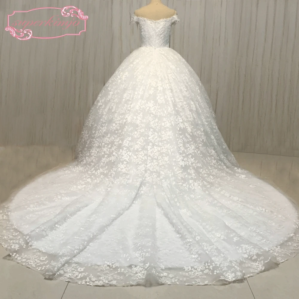 SuperKimJo Lace Applique Wedding Dress Boho Off the Shoulder Chapel Train Princess Wedding Ball Gown Beading Vestido De Novia