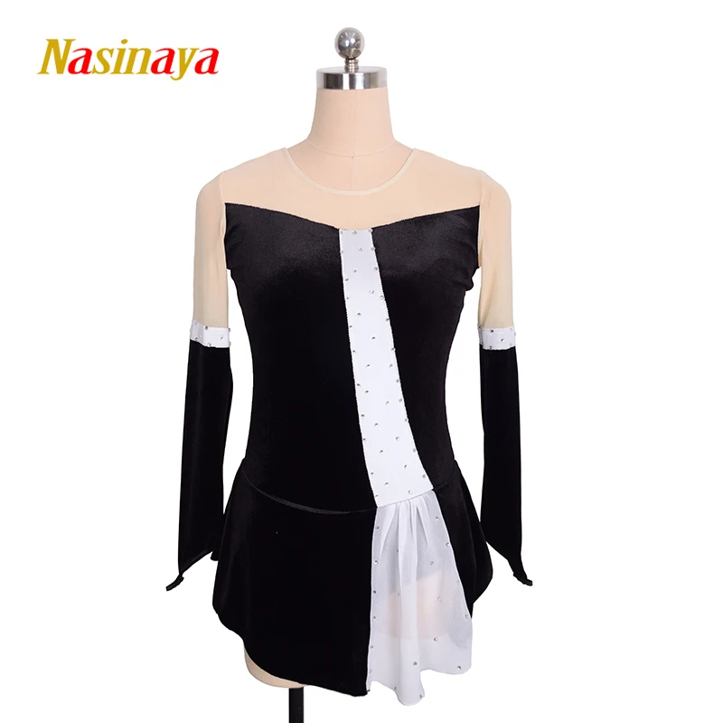 Figure Skating Dress Women'S Skating Skirt Black And White Spandex, Lace Rhinestone High Elastic Performance Skating Suit