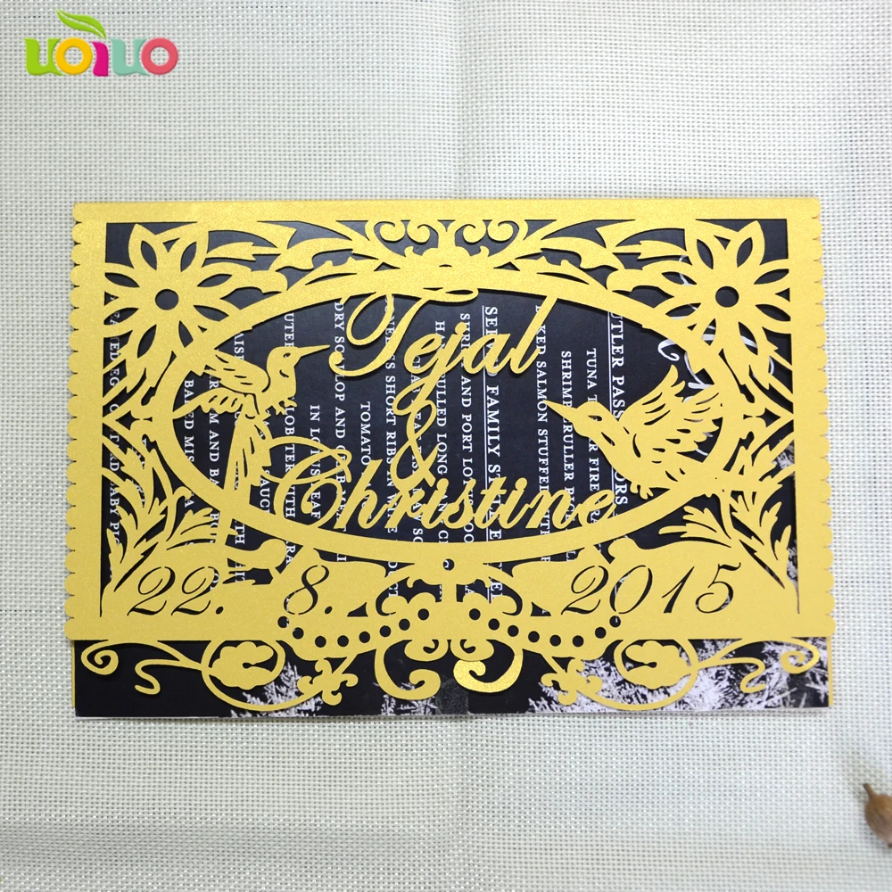 Wedding invitation card dealer laser cutting sweet bird invitation card personalized lace gold invitations model