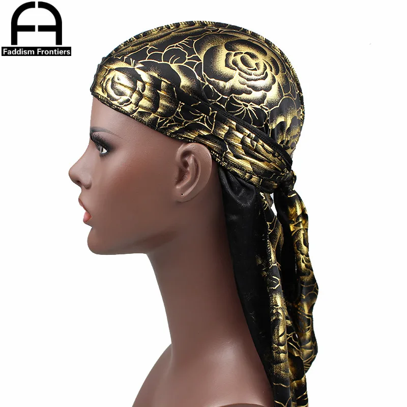 Benutzerdefinierte männer Druck Seidig Durags Turban Hut Bandanas Headwear Rose Gedruckt Männer Seide Durag Langen Riemen Wellen Haar Zubehör – Detail 3