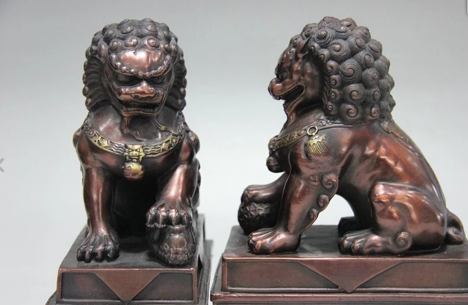 Chinese Feng Shui Red Bronze Royal Palace Evil Guardian Door Foo Dog Lion Pair