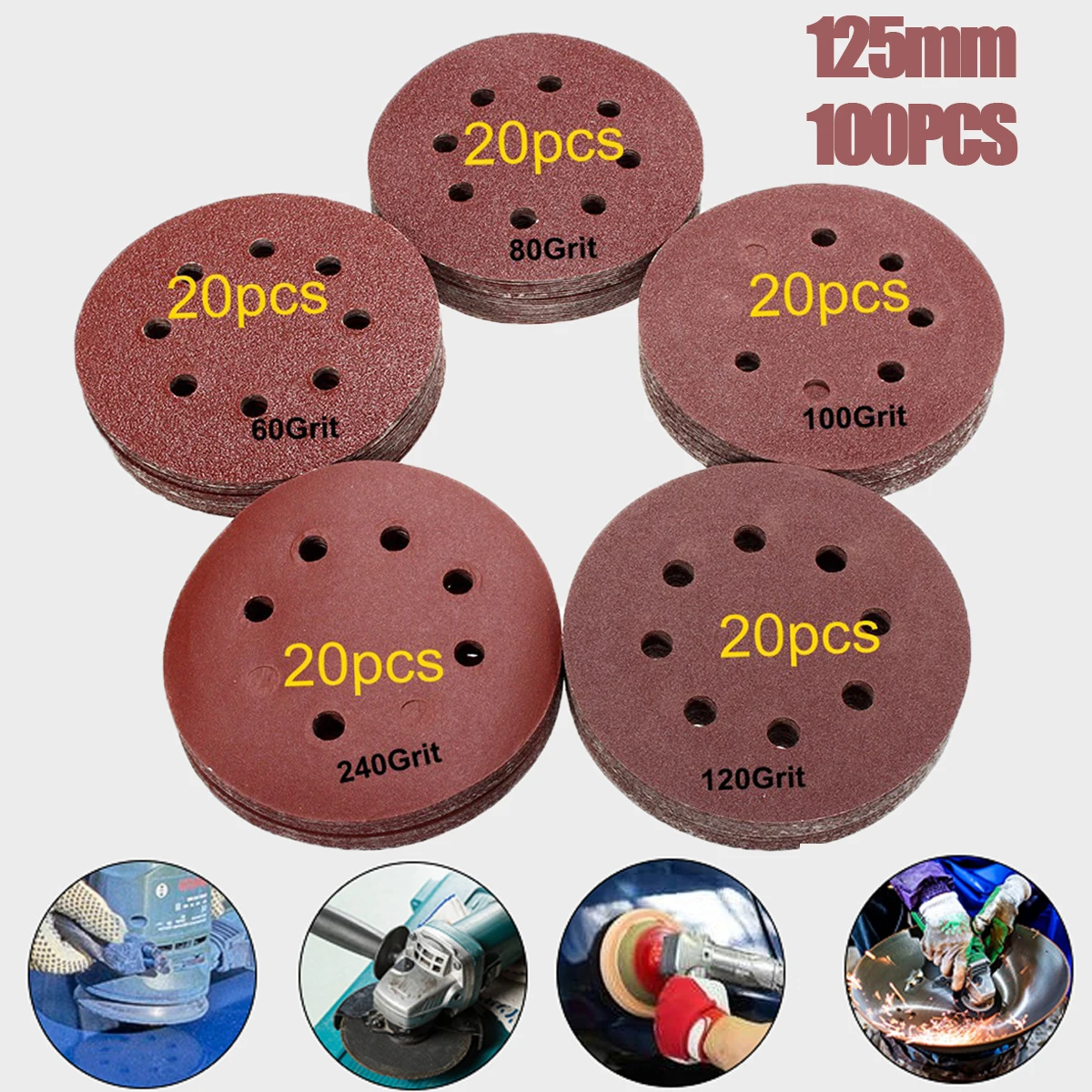 100 Cái/bộ 8 Lỗ Nhám Đánh Bóng 125 Mm 60/80/100/120/240 Nhám Tròn hình Dáng CHÀ NHÁM ĐĨA ĐỆM PHỒNG Tờ Giấy Nhám