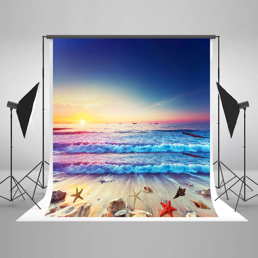 

VinylBDS Sea Blue Sky Photobooth Background Sunset Shellfish Starfish Photo Studio Background Children Party Photo Backdrop