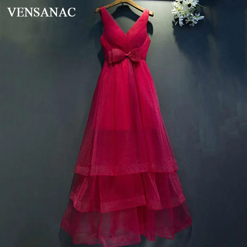 

VENSANAC New A Line Bowknot V Neck Long Evening Dresses Sleeveless Elegant Lace Tank Pleat Party Prom Gowns