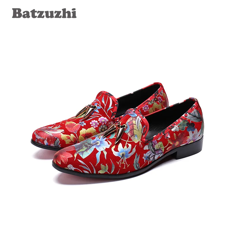 

Batzuzhi Super Star Men Shoes Leather Casual Loafer Shoes with Metal Tassels Flowers Print Leather Red Wedding Party Men Shoes