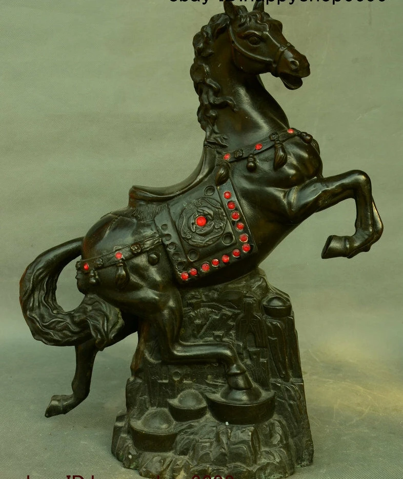 

China Copper Bronze Wealth Feng shui 12 Zodiac Year Animal Horse Yuan Bao Statue