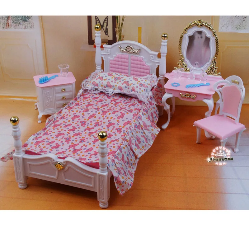 

For Barbie Doll Furniture Accessories Plastic Toy Sweet Dream Princess Bed Dressing Table Chair Christmas Holiday Gift Girl DIY