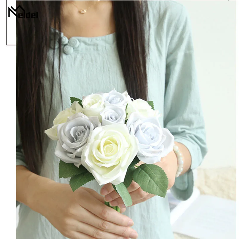 Meldel เจ้าสาวงานแต่งงานดอกไม้ประดิษฐ์ Rose Peony 7 หัวดอกไม้สีชมพูเพื่อนเจ้าสาว Bouquet DIY งานแต่งงานอุปกรณ์