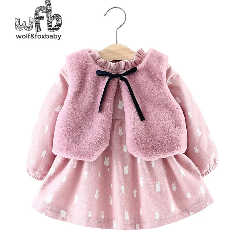 Retail 0-3 years children's girl long-sleeved plus velvet dress + plush vest girl spring autumn fall winter