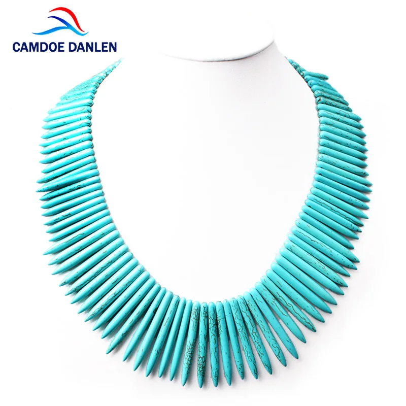 CAMDOE DANLEN Fashion Women Necklaces Howlite Turquoises Strip Shape Gem Vintage Necklace 48CM Long Statement Necklace Pendants