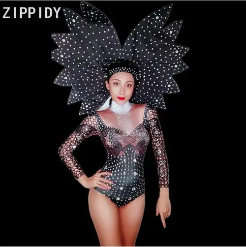 

Fashion Bright Black Rhinestones Long Sleeves Spandex Bodysuit Evening Women's Costume Female Singer Dance Outfit Stage Wear