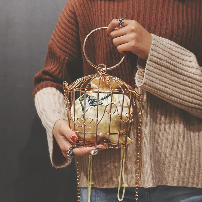 NEW design women\'s Birdcage Evening Bag Clutch Metal Frame Embroidery Bucket Bird Cage Mini Bag Purse women Gold tassel Handbag