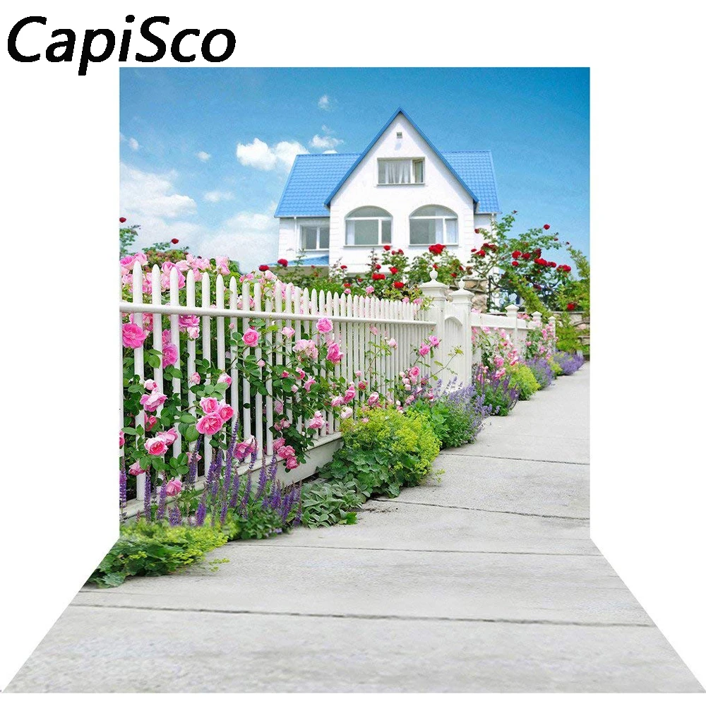 

Capisco Vinyl Photography Background Garden White Fence Blue sky house Baby Birthday Children Backdrop Photo Studio