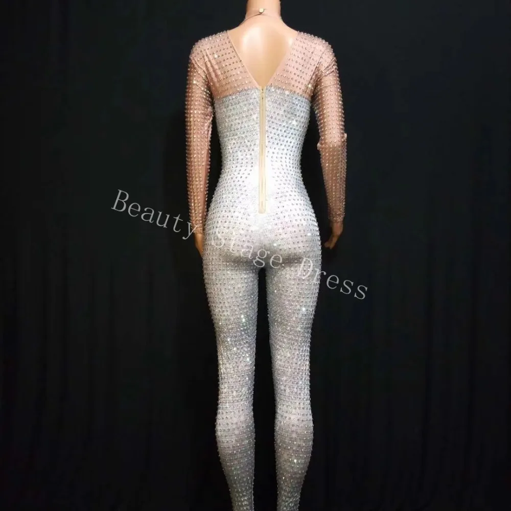 Silver Color Diamond Long Sleeve Jumpsuit Sexy stretch evening birthday dress Singer Hosting Master of Ceremony DJ Stage Costume