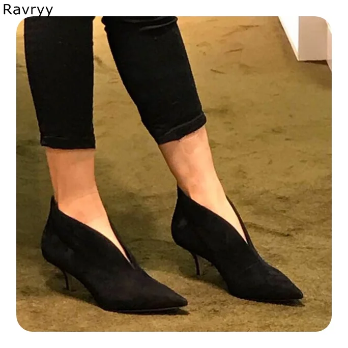 Luxury Fashion black suede Women\'s high heel female Ankle Boots Slip-on Heels Pointed Toe V-shaped open line design single shoes