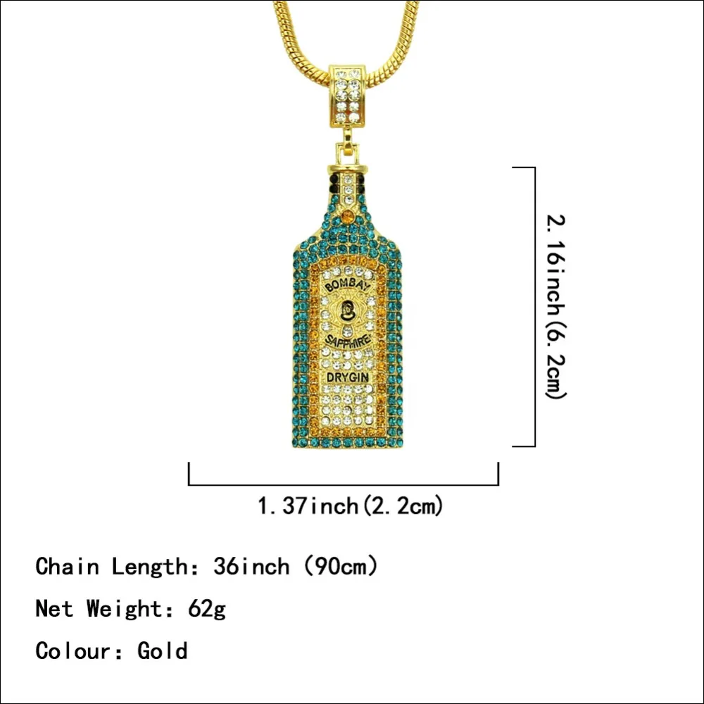 Big Wine bottle Necklaces Full Rhinestone Iced Out Pendants Hip Hop Men Women Gold Color Vogue Jewelry For Rocker