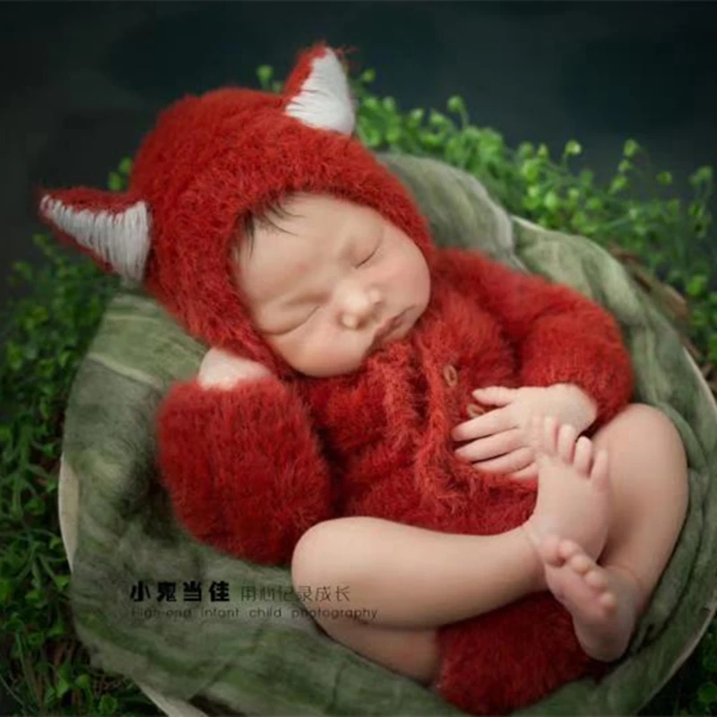 Fluffy Fox Hat And Diaper Outfit Newborn Knit Romper Photo Props Baby Footed Fox Romper Newborn Photography Props