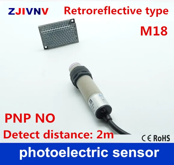 

M18 Retroreflective type PNP NO/ normally open DC 10-30V 3 wires photoelectric sensor switch with mirror reflector, distance 2m