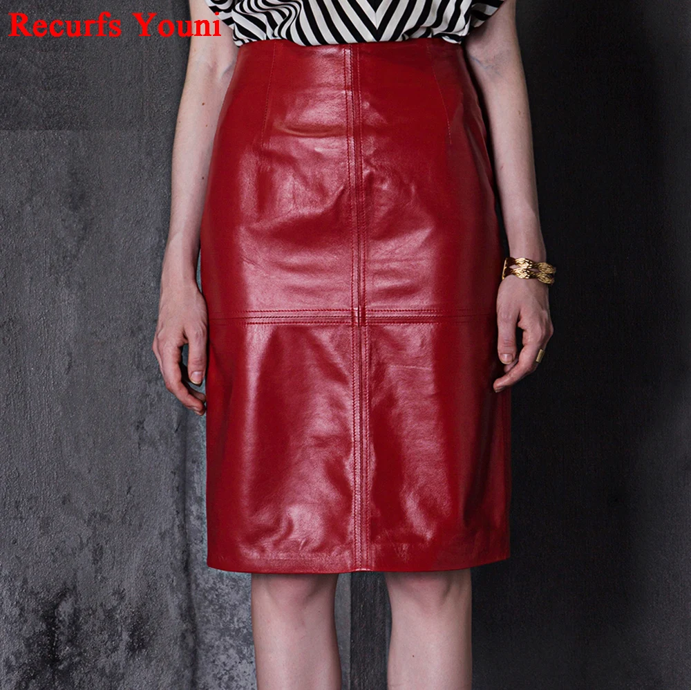 RYS625 Winter Fashion Woman Genuine Leather Skirt Female Black/Red Sexy Midi Long Slim High Waist Step Placketing Bust Faldas