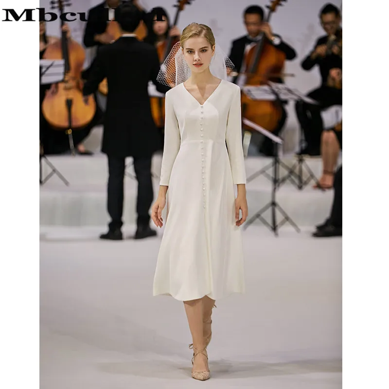 Vestido de novia bohemio de manga larga con cuello en V, elegante vestido de boda de satén, blanco, sin espalda, barato, envío gratis, 2023