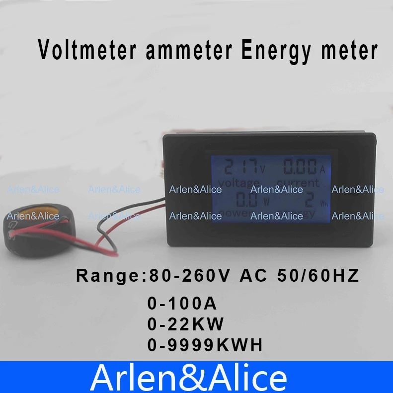 LCD 4IN1 100A Spannung strom aktive power energy meter blau hintergrundbeleuchtung panel voltmeter amperemeter kwh 80-260V 50 /60HZ Split CT