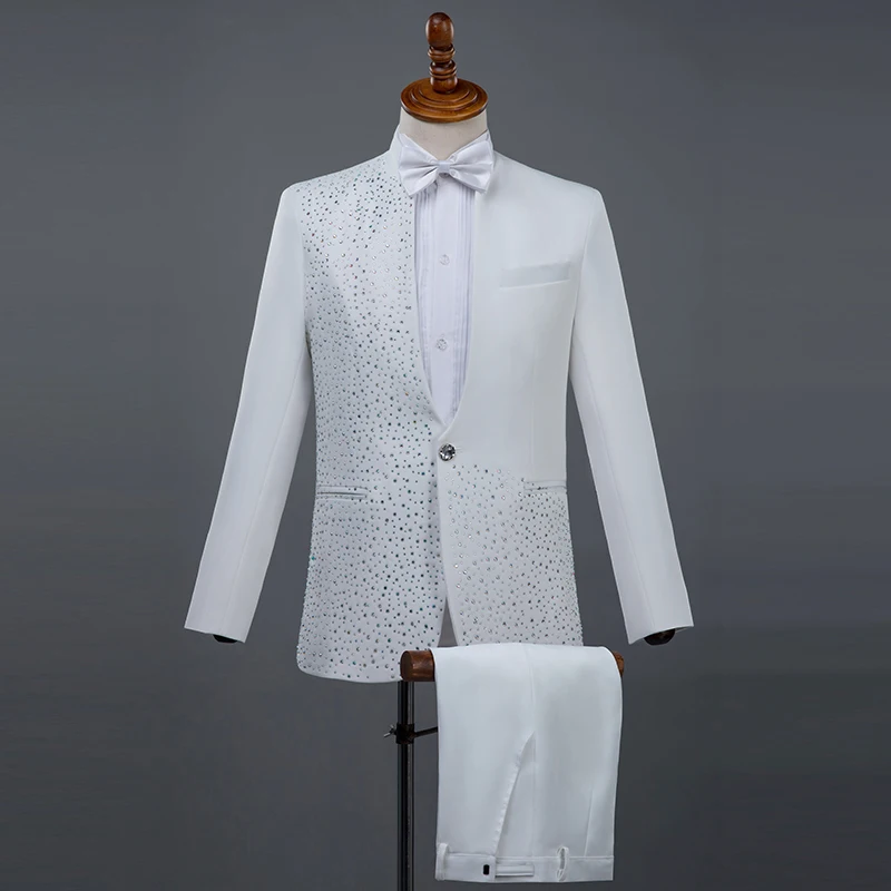 (Jacket+Pants) Formal male suits black white Shining Diamond suit 2 piece sets host singer dancer Master for Wedding costumes