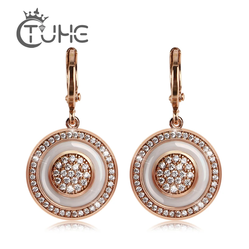 

Fashion Unique Exquisite Carved Hollow 585 Rose Gold Circle Round White Ceramic Earrings Women Wedding Party Fine Trendy Jewelry