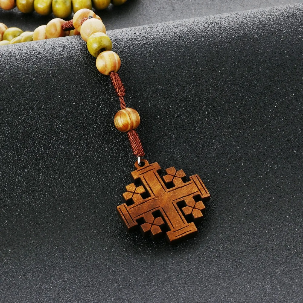 Religious Medieval Jewelry Retro Wooden Rosary Beaded Jerusalem Cross Pendants Necklace for Women Mother Gifts colar MN233