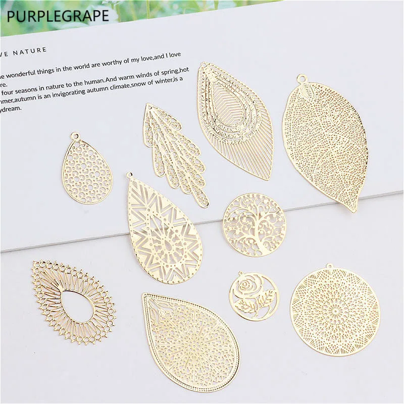 DIY ear jewelry accessories copper plated earrings pendant material 18k real gold water drops leaves round Mori retro 4 pieces