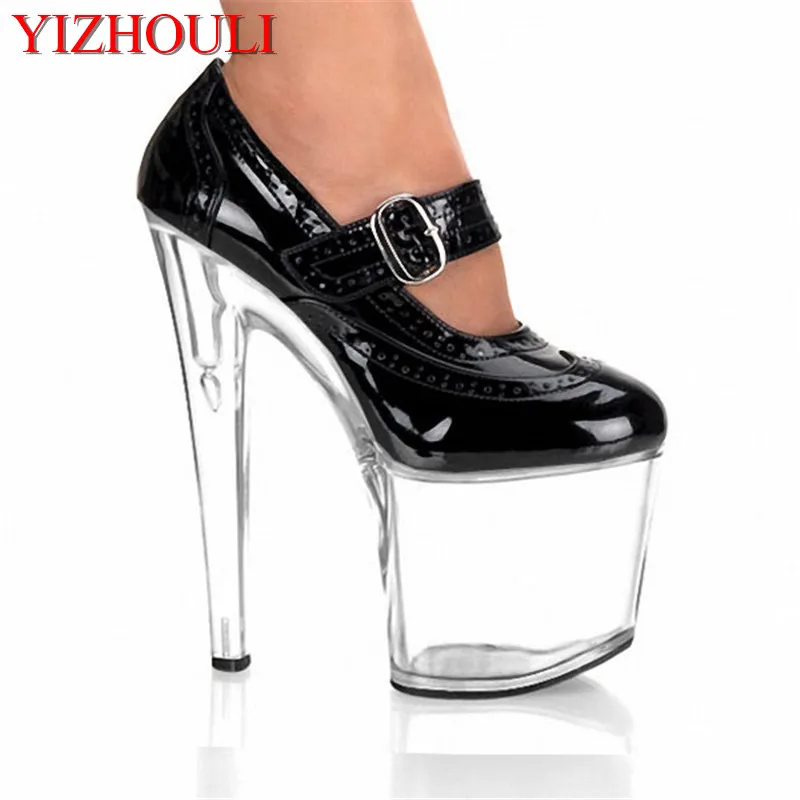 

The 20CM sexy ultra high heel with thin transparent sole, PU material single shoe, 8-inch fashion crystal stage shoes