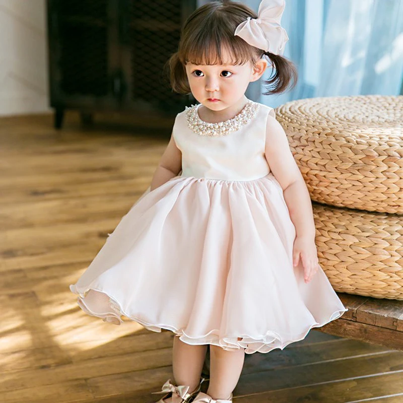 IYEAL New Fashion Sleeveless Children Girl Dress Beading Kids Girl Christening Gown Birthday Party Dress For Baby Baptism