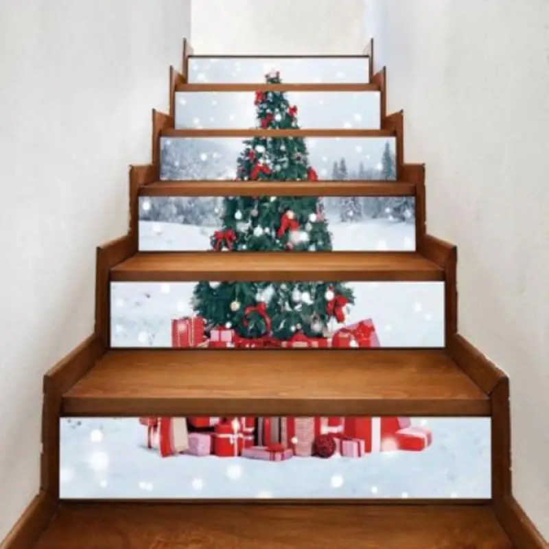 

JX-LCLYL 6pcs Snow Christmas Gift tree Self-adhesive Stair Stickers Xmas Home Decor New