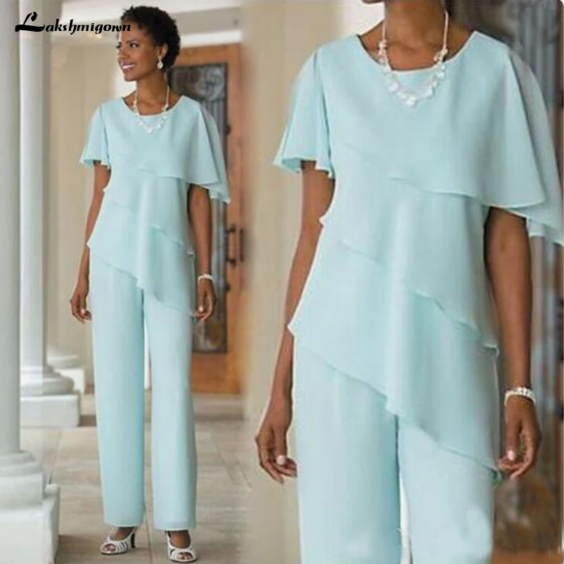 

Mother Of The Bride or Groom Dresses Pants Suit Mint Green Tiered Chiffon Jewel Neck Simple Short Sleeves Custom Color and Size