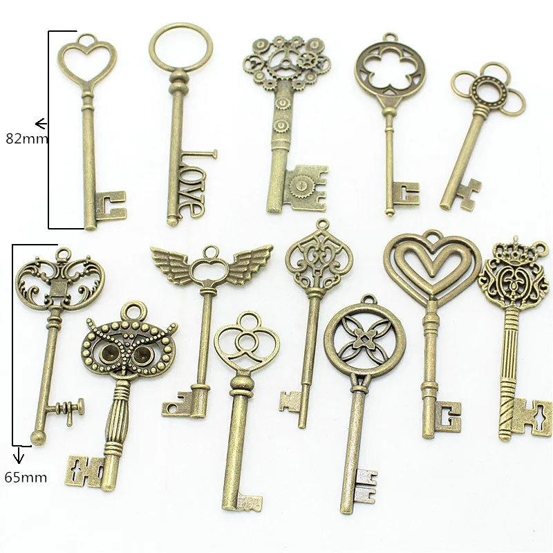 Sweet Bell Mix 12pcs/lot Vintage Charms big key Pendant Antique bronze Fit Bracelets Necklace DIY Metal Jewelry Making D1091