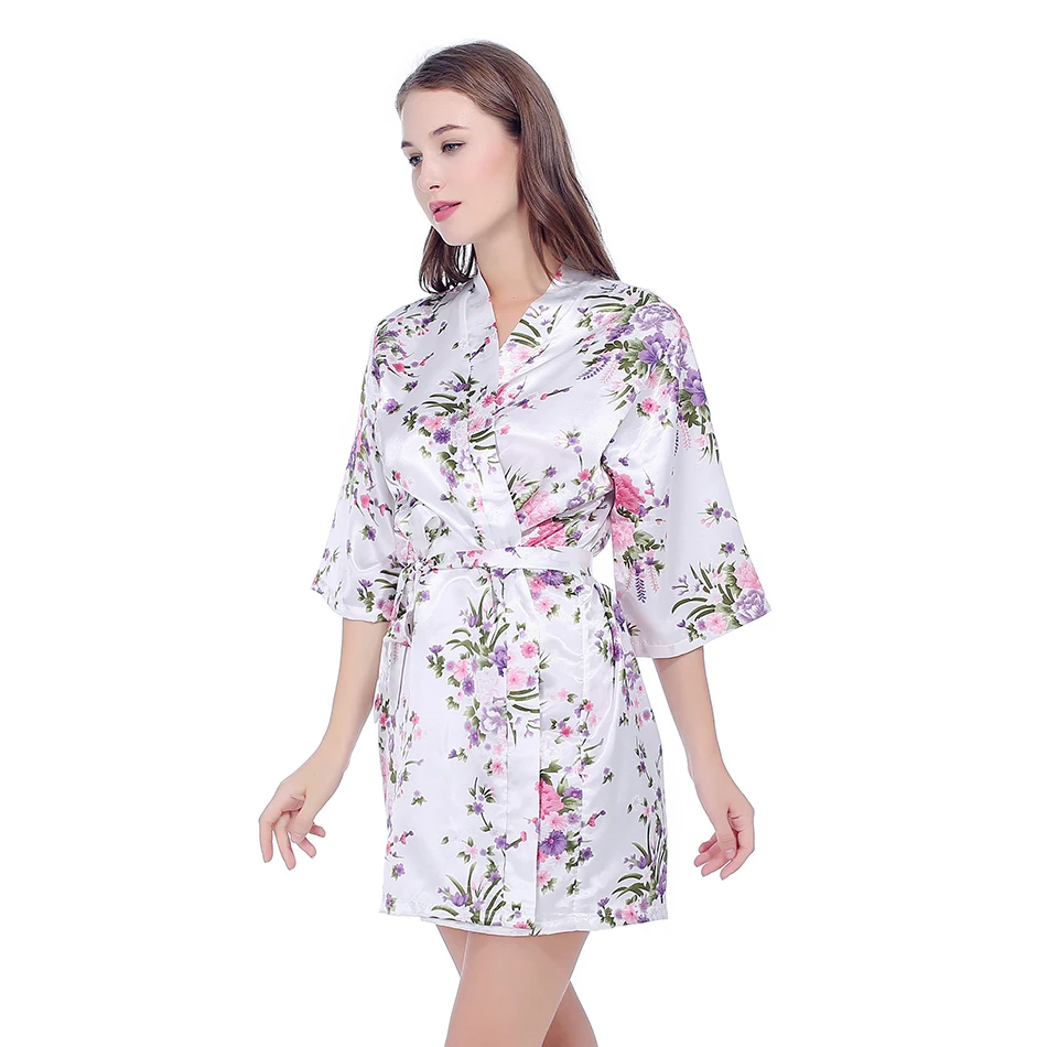 Bata de baño de seda satinada para boda, kimono corto de dama de honor de la novia, a la moda, estilo floral, para noche de mujer