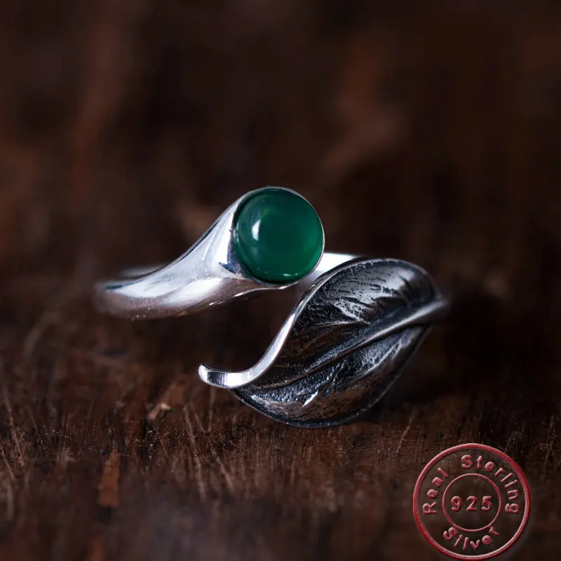 

Amxiu Green Chalcedony Leave Ring Vintage Antique Silver Ring S925 Silver Jewelry Open Rings For Women Mother's Gift Accessories