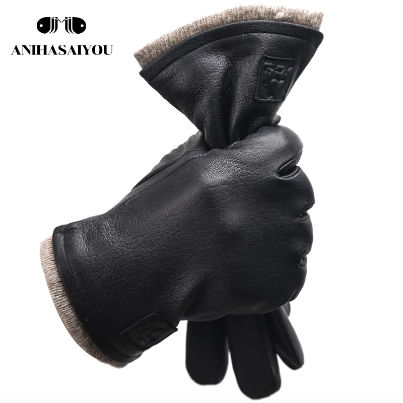 New Winter man sheepskin men\'s winter gloves,warm soft winter leather gloves men,black Warm lining mens leather gloves-8011A