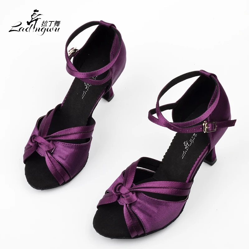 Ladingwu-zapatos de baile latino con nudo de cinta morada para mujer, zapatos de baile de salón de fondo suave, satén