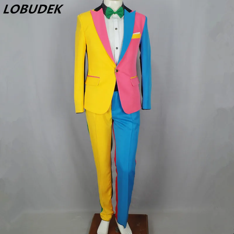 Irregular Colorful Blazers Pants Personality Men's Suits Magician Clown Performance Stage Outfit Bar Hip Hop Singer Host Costume