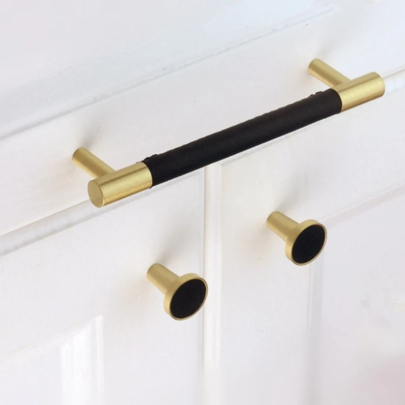 Modern Cupboard Handles and Knobs Brass Cabinet Drawer Pulls Kitchen Black Leather Door Knobs Handles-1Pack