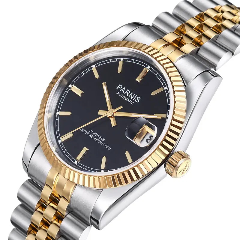 Parnis Royal Seriers Luminous Mens Steel Watchband  Fashion Single Calendar Luminous Automatic Mechanical Watch Wristwatch