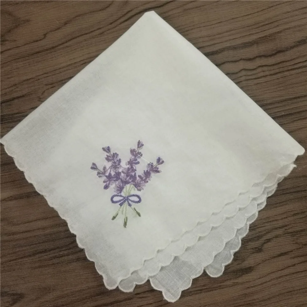 Set of 12 Women Handkerchiefs 12-inch White Cotton Wedding Hankies scallop Edged Color embroidery Vintage Hanky For Ladies/Bride