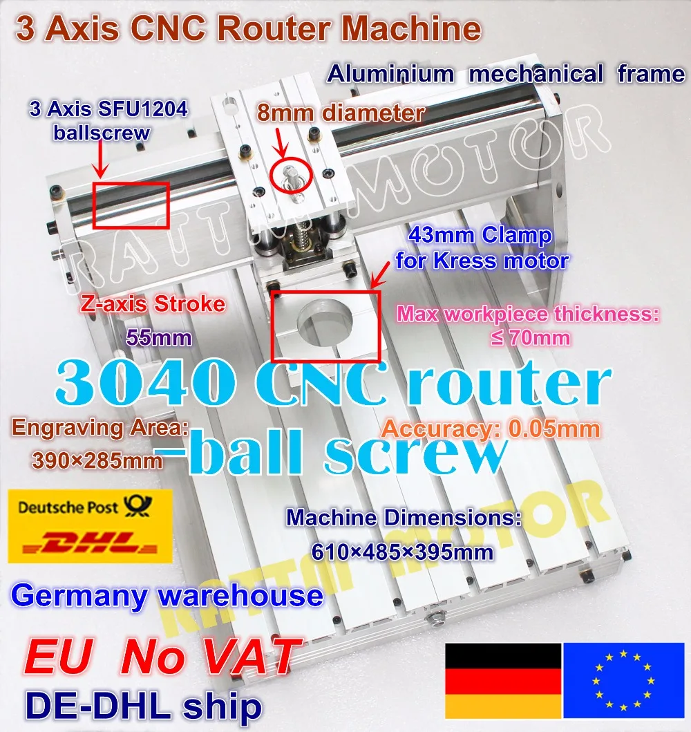 【DE ship/ Free VAT】 3040 CNC Router Engraving Milling Machine Mechanical kit Frame ball screw with 43mm Neck Spindle Motor Mount