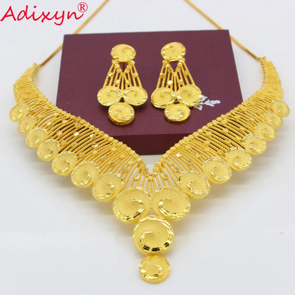 Adixyn Broad Necklace&Earrings Jewelry Set for Women Gold Color /Copper Jewelry African/Ethiopian Bridal Wedding Gifts N08094
