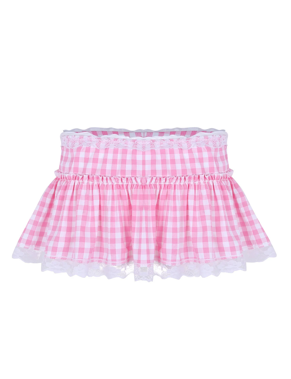 Mens Sissy Lace Micro Mini Skirts Adults Elastic Waistband Short Skirt with Lace Hem Pleated Gingham A-line Mini Skirt Sexy Men